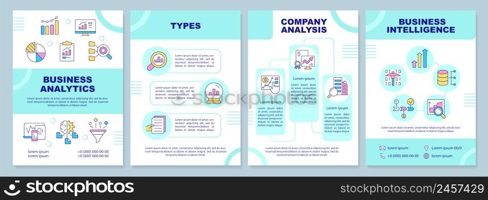 Business data analysis turquoise brochure template. Company management. Leaflet design with linear icons. 4 vector layouts for presentation, annual reports. Arial-Black, Myriad Pro-Regular fonts used. Business data analysis turquoise brochure template