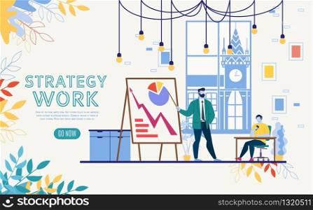 Business Data Analytics, Company Strategy Planning Flat Vector Web Banner, Landing Page Template with Leader Presenting Company Growth Infographics to Partner, Employees Planning Project Illustration