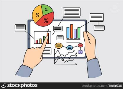 Business data and statistics concept. Human hands holding tablet with development statistics metadata on screen vector illustration . Business data and statistics concept