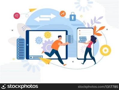 Business Data Center, Information Backup and Access Synchronization Cloud Service Trendy Flat Vector Concept. Employees Working with Data Online, Saving Sending Work Files with Mobile App Illustration