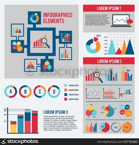 Business data financial report infographics elements set with dot bar pie charts diagrams and graphs isolated vector illustration