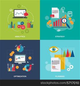 Business data flat icons set with analytics strategy optimization planning isolated vector illustration