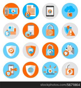 Business data protection technology and cloud network security icons set flat vector illustration