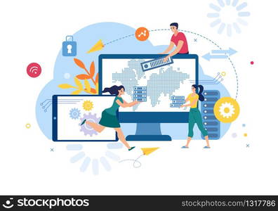 Business Data Security Exchange and Backup Service, Cloud Storage for Confidential Information Trendy Flat Vector Concept. People Sending Data to Cloud Service, Saving Database Online Illustration