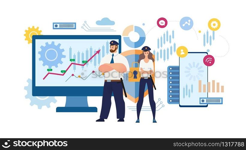 Business Data Security, Online Trade Transactions Safety, E-Commerce Protected Mobile App Trendy Flat Vector Concept. Guards in Uniform Protecting Confidential Financial Information Illustration