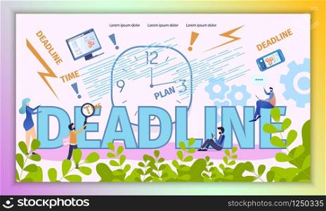 Business Deadline Time Vector Typography Banner. System Timeline Optimization Project. Female Control Execution Term with Analog Clock. Man Update Schedule in Notebook. Flat Cartoon Illustration. Business Deadline Time Vector Typography Banner