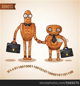 Business deal handshake concept by two retro robots vector illustration