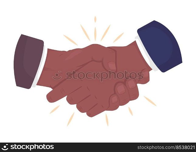 Business deal semi flat color vector hand gesture. Editable pose. Human body part on white. Partner cooperation cartoon style illustration for web graphic design, animation, sticker pack. Business deal semi flat color vector hand gesture