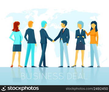 Business deal. Teamwork agreement, partnership people, handshake and cooperation. Vector illustration. Business deal
