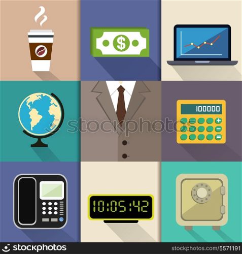 Business decorative items and office accessories with suit dollar notebook globe calculator phone clock safe vector illustration