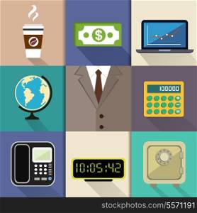 Business decorative items and office accessories with suit dollar notebook globe calculator phone clock safe vector illustration