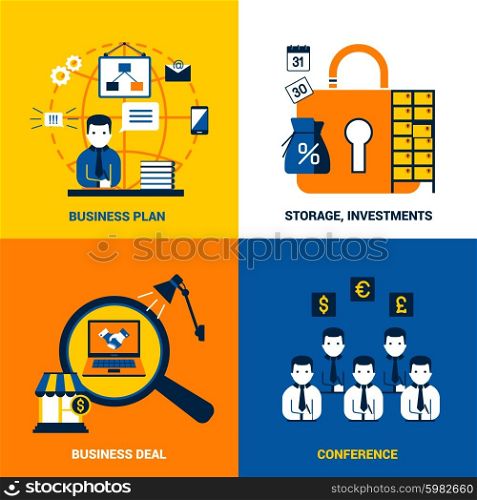 Business Design Concept. Business Design Concept flat icons storage investments finance business conference vector illustration