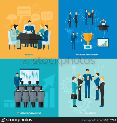 Business design concept set with meeting strategy development and collaboration flat icons isolated vector illustration. Business Flat Set