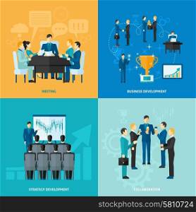Business design concept set with meeting strategy development and collaboration flat icons isolated vector illustration. Business Flat Set