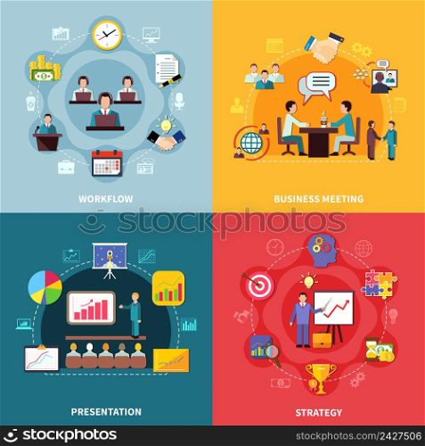 Business design concept with four square compositions of time management icons diagrams and goal achievement images vector illustration. Business Workflow Design Concept
