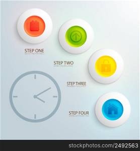 Business design concept with image of clock and colorful icons in circles flat vector illustration. Business Design Concept