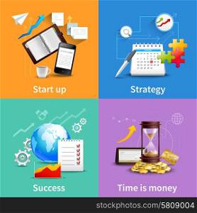Business design concepts set with start up strategy success time is money realistic icons isolated vector illustration. Business Design Concepts