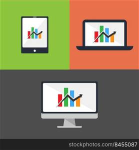 Business desktop computer, laptop, and tablet on color background vector illustration