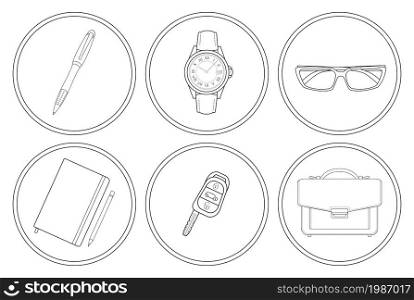 Business detailed linear icons set. Pen, watches, glasses, notebook, car keys, handbag. Vector clip art illustrations isolated on white . Business detailed linear icons set