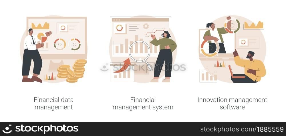 Business development abstract concept vector illustration set. Financial data management, innovation collaboration software, corporate budget planning, data report, risk management abstract metaphor.. Business development abstract concept vector illustrations.