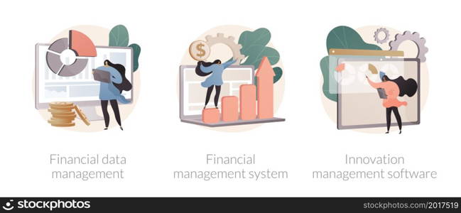 Business development abstract concept vector illustration set. Financial data management, innovation collaboration software, corporate budget planning, data report, risk management abstract metaphor.. Business development abstract concept vector illustrations.