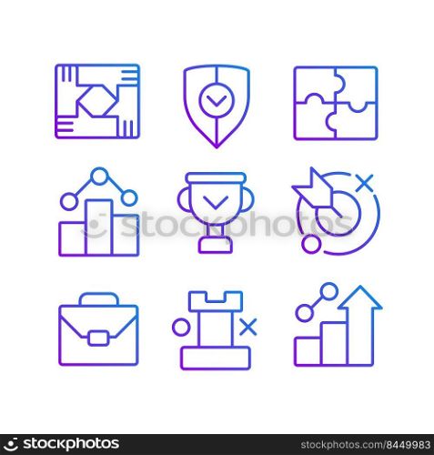 Business development and cooperation pixel perfect gradient linear vector icons set. Goals and achievements. Thin line contour symbol designs bundle. Isolated outline illustrations collection. Business development and cooperation pixel perfect gradient linear vector icons set