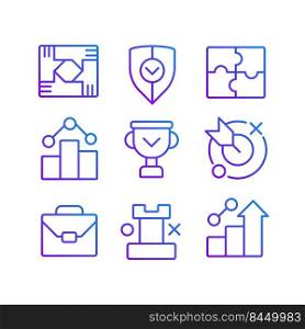 Business development and cooperation pixel perfect gradient linear vector icons set. Goals and achievements. Thin line contour symbol designs bundle. Isolated outline illustrations collection. Business development and cooperation pixel perfect gradient linear vector icons set