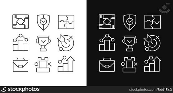 Business development and cooperation pixel perfect linear icons set for dark, light mode. Goals and achievements. Thin line symbols for night, day theme. Isolated illustrations. Editable stroke. Business development and cooperation pixel perfect linear icons set for dark, light mode