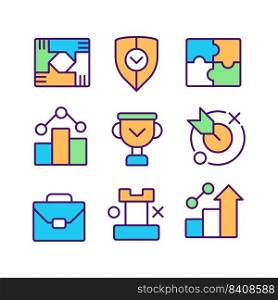 Business development and cooperation pixel perfect RGB color icons set. Corporate goals and achievements. Isolated vector illustrations. Simple filled line drawings collection. Editable stroke. Business development and cooperation pixel perfect RGB color icons set