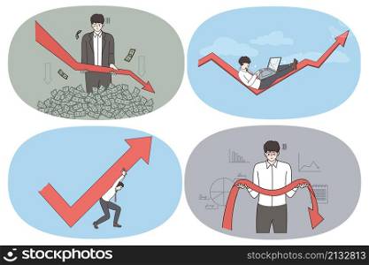 Business development and crisis concept. Set of businessmen losing money with decreasing business lying and enjoying development trying hard to save business feeling frustrated vector illustration. Business development and crisis concept