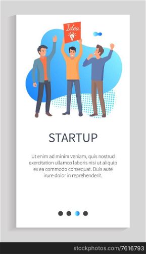 Business development and decision, startup vector. Man holding banner with big lightbulb banner sign of idea, innovation in company project. Slider for business app with startup team. Startup New Idea for Business, Innovation Solution