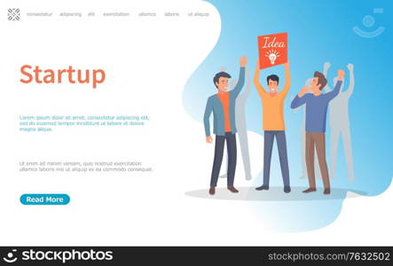 Business development and decision, startup vector. Man holding banner with big lightbulb banner sign of idea, innovation in company project. Website or webpage template, landing page flat style. Startup New Idea for Business, Innovation Solution