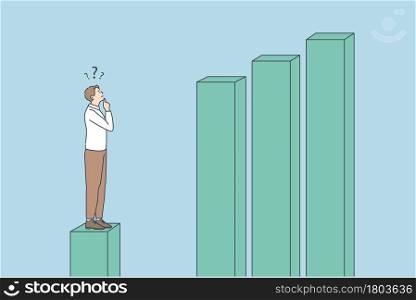 Business development and statistics concept. Young thinking frustrated businessman standing on statistics cube touching chin looking at growing cubes ahead vector illustration . Business development and statistics concept