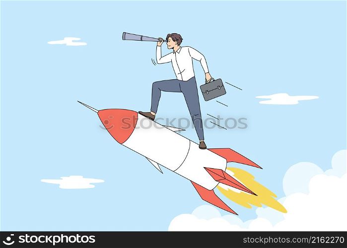 Business development and strategy concept. Young smiling businessman standing on rocket and looking forward with spyglass looking for opportunities vector illustration . Business development and strategy concept
