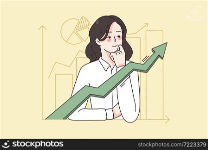 Business development and success concept. Young business woman looking at arrow up meaning corporate development and increasing vector illustration . Business development and success concept