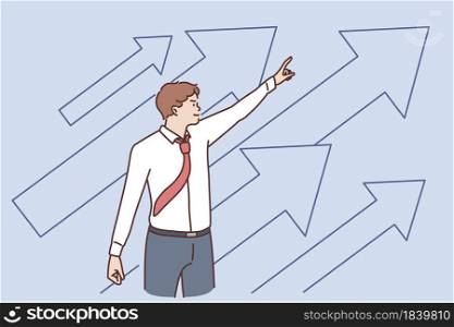 Business development and success concept. Young positive businessman standing pointing up with arrows feeling confident with growth and development vector illustration. Business development and success concept