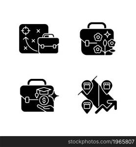 Business development black glyph icons set on white space. Small business growth and prosperity. Educational grant for employees. Startup support. Silhouette symbols. Vector isolated illustration. Business development black glyph icons set on white space
