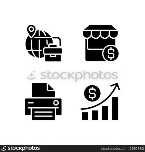 Business development black glyph icons set on white space. Traveling for company purposes. E commerce. Office printer. Cash flow. Silhouette symbols. Solid pictogram pack. Vector isolated illustration. Business development black glyph icons set on white space