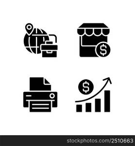 Business development black glyph icons set on white space. Traveling for company purposes. E commerce. Office printer. Cash flow. Silhouette symbols. Solid pictogram pack. Vector isolated illustration. Business development black glyph icons set on white space