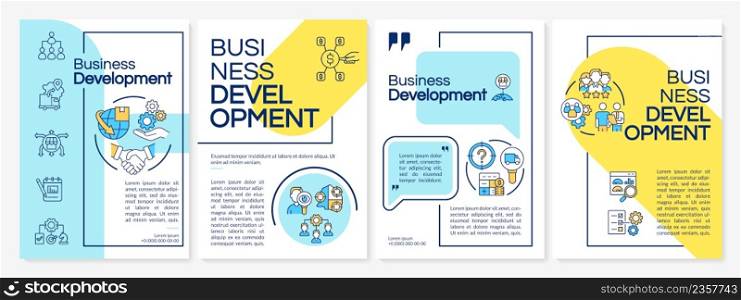 Business development blue and yellow brochure template. Corporate trends. Leaflet design with linear icons. 4 vector layouts for presentation, annual reports. Questrial, Lato-Regular fonts used. Business development blue and yellow brochure template