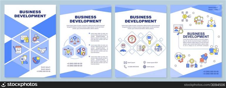 Business development blue brochure template. Corporate trends. Leaflet design with linear icons. 4 vector layouts for presentation, annual reports. Arial-Black, Myriad Pro-Regular fonts used. Business development blue brochure template