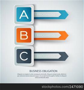 Business development infographics with text colorful squares arrows three options on striped gray background isolated vector illustration. Business Development Infographics