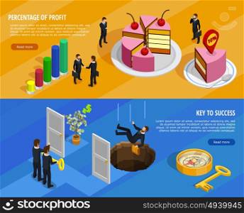 Business Development Isometric Horizontal Banners. Business development isometric horizontal banners with goal setting and analysis of result and means of achieving vector illustration