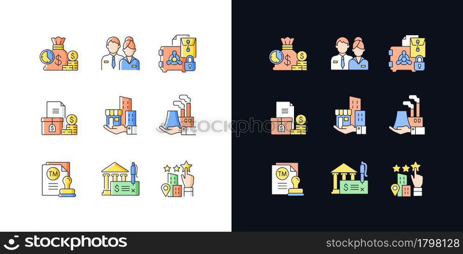 Business development light and dark theme RGB color icons set. Company staff. Short-term deposit. Isolated vector illustrations on white and black space. Simple filled line drawings pack. Business development light and dark theme RGB color icons set