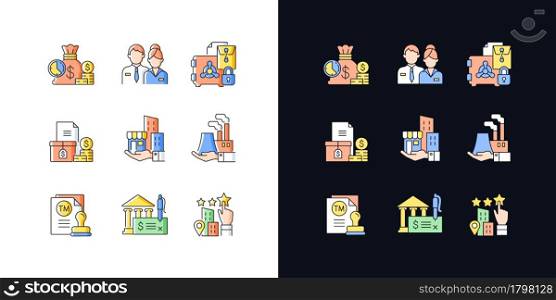 Business development light and dark theme RGB color icons set. Company staff. Short-term deposit. Isolated vector illustrations on white and black space. Simple filled line drawings pack. Business development light and dark theme RGB color icons set