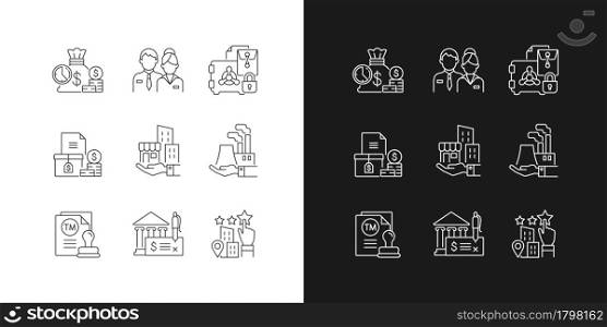 Business development linear icons set for dark and light mode. Company staff. Short-term deposit. Customizable thin line symbols. Isolated vector outline illustrations. Editable stroke. Business development linear icons set for dark and light mode