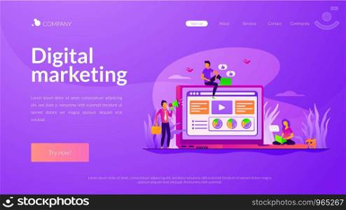 Business development. Marketing strategy. Online promotion. Content management. Digital marketing, PPC campaign, customer relationships concept. Website homepage header landing web page template.. Marketing landing page template