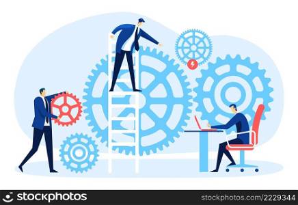 Business development process and financial mechanism. Manager working with laptop. Cartoon professional employees organizing management. Teamwork progress, coworkers vector illustration. Business development process and financial mechanism. Manager working with laptop. Cartoon professional employees