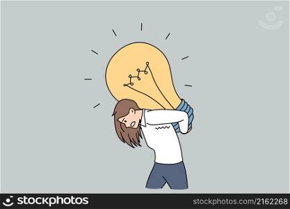 Business development strategy and business concept. Young businesswoman carrying huge light bulb on back feeling heavy trying to overcome difficulties vector illustration . Business development strategy and business concept