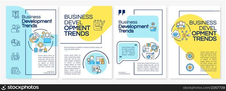 Business development trends blue and yellow brochure template. Leaflet design with linear icons. 4 vector layouts for presentation, annual reports. Questrial, Lato-Regular fonts used. Business development trends blue and yellow brochure template